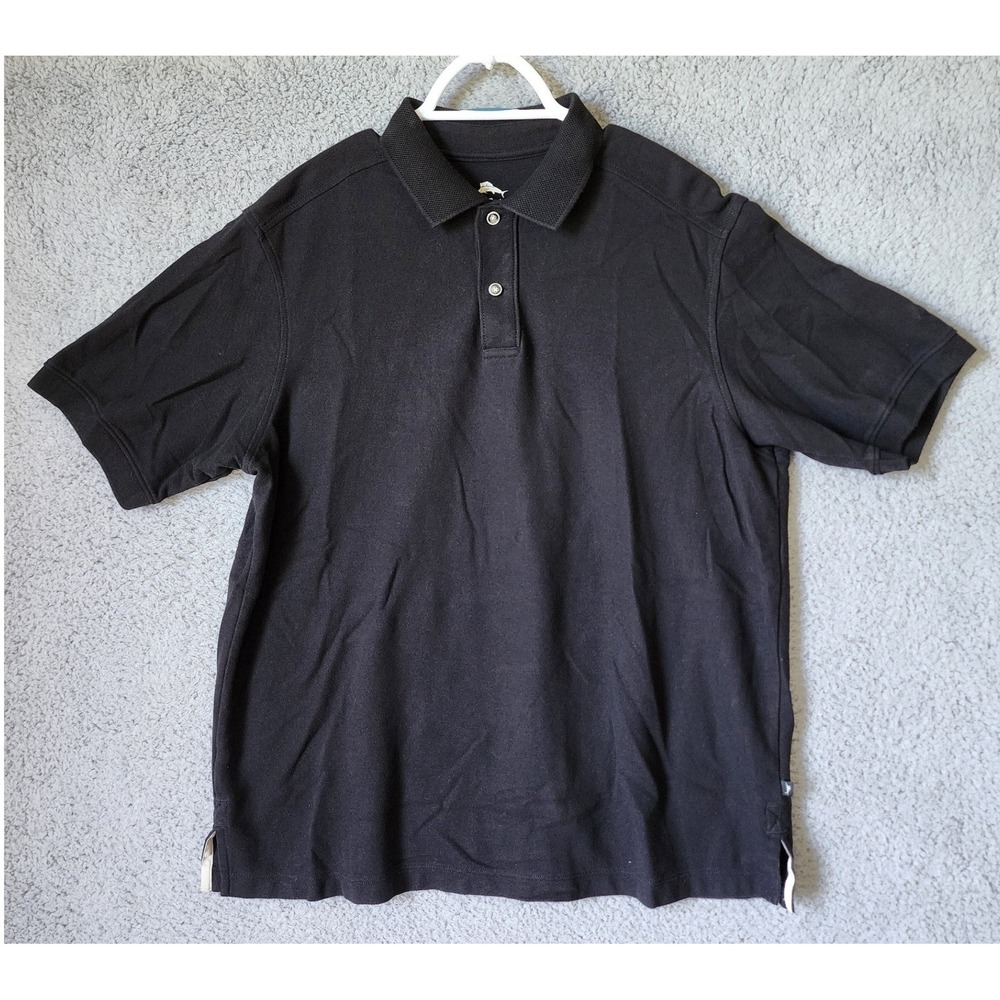 Tommy Bahama Polo Shirt Mens Large Solid Black Short Sleeve Cotton Pique Casual‎